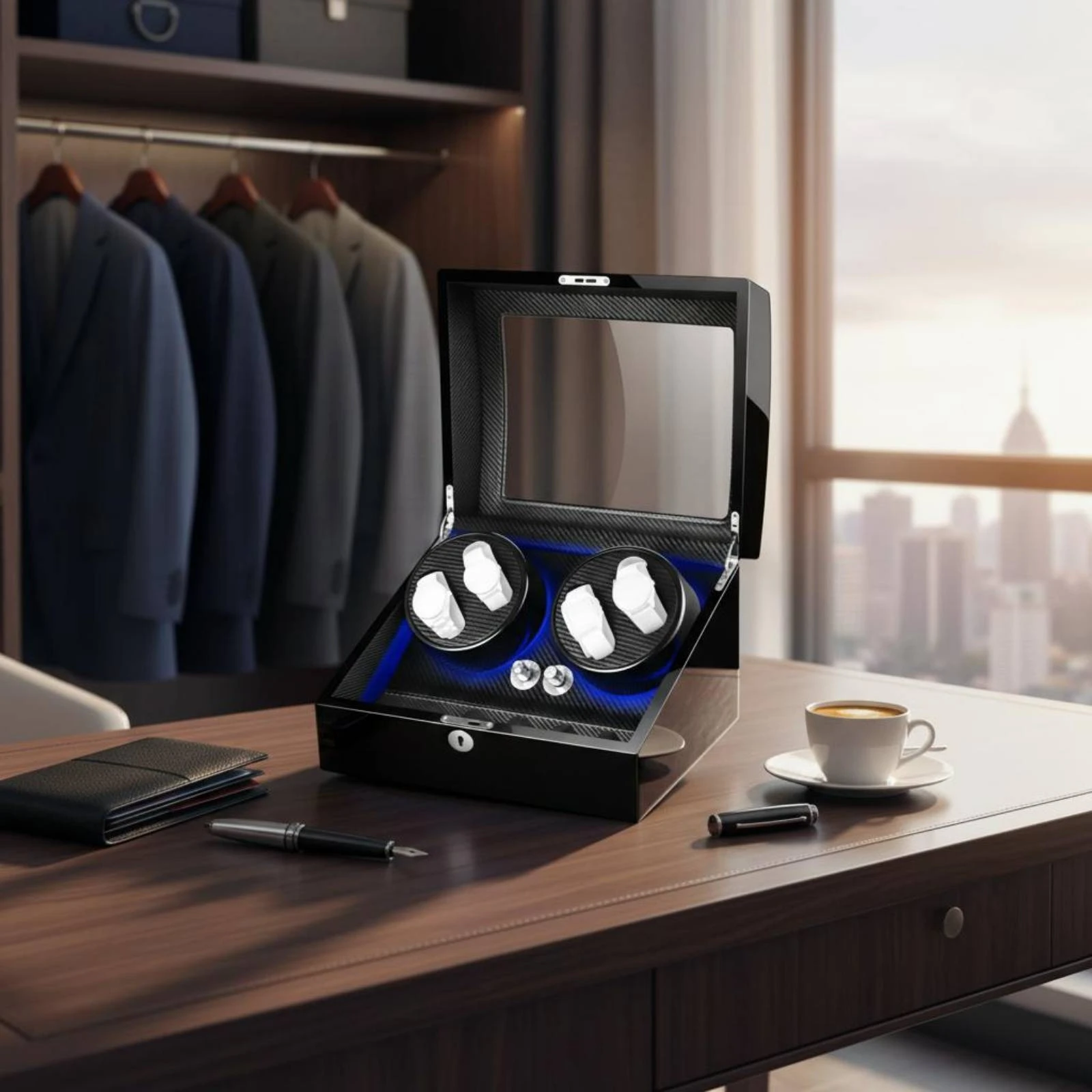 Watch Winder Box Hinged Lid Automatic Watch Winder Box Transparent Viewing Window Woodgrain Finish