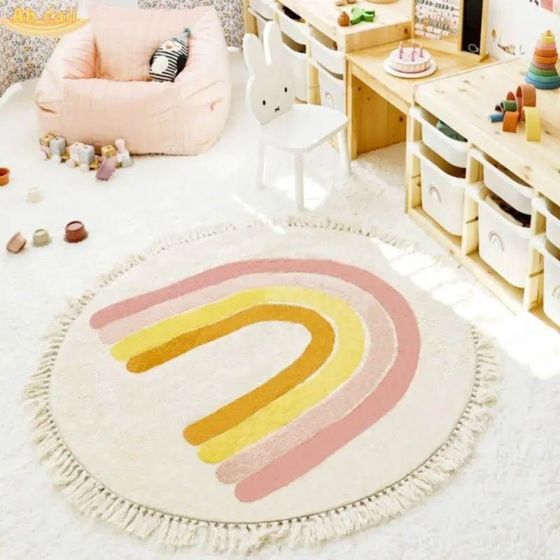 Rainbow Fluffy Carpet For Living Room With Tassels White Plush Rug For Kids Bedroom Soft Nursery Play Mat For Children Babi