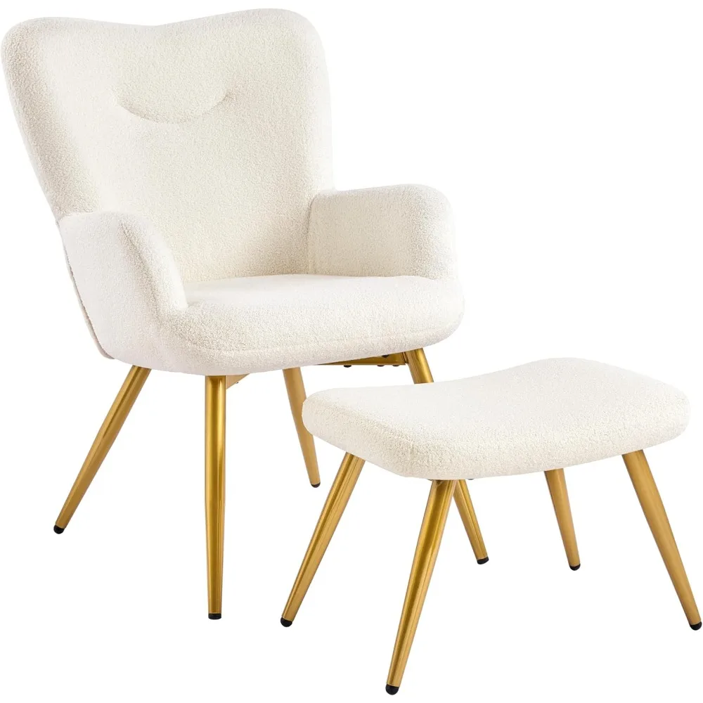 

Small Accent Chair with Ottoman Set, Boucle Armchair and Footstool, Lounge Reading Chair with Golden Metal Legs for Living Room