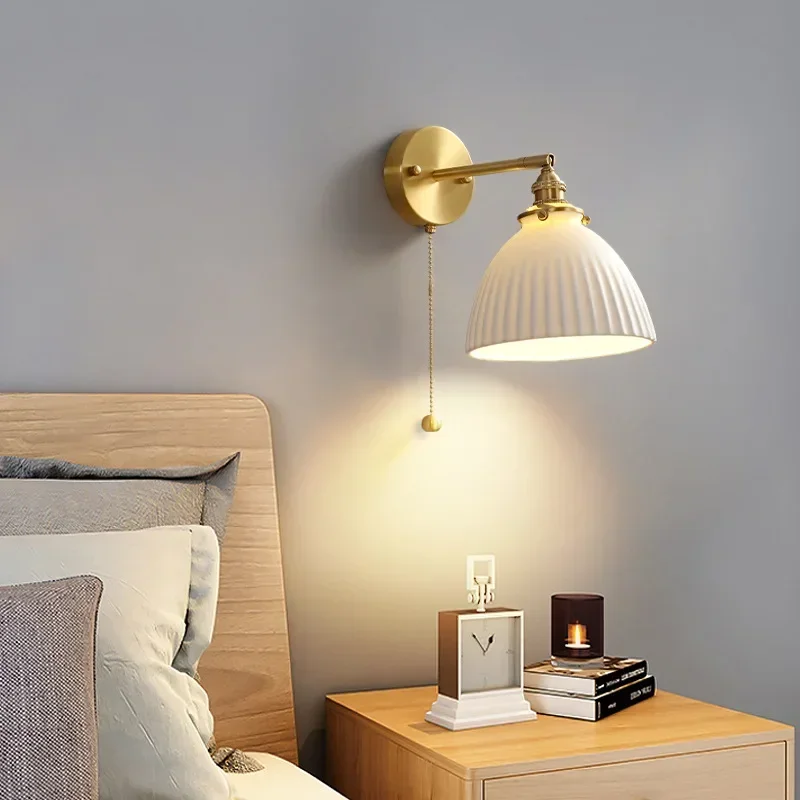 

Winfordo Nordic Ceramic LED Wall Light Fixtures Pull Chain Switch Copper Modern Beside Lamp Sconce Home Lighting