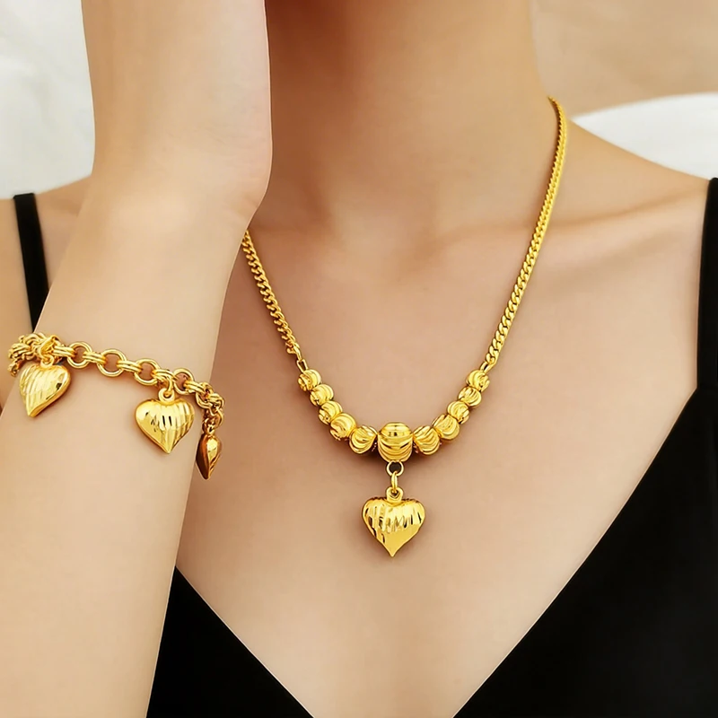 

Classic Yellow Gold Jewelry Chunky Link Heart Charm Bracelet Stylish Bead Necklace Set for Mother's Day Wedding Jewelry Kit