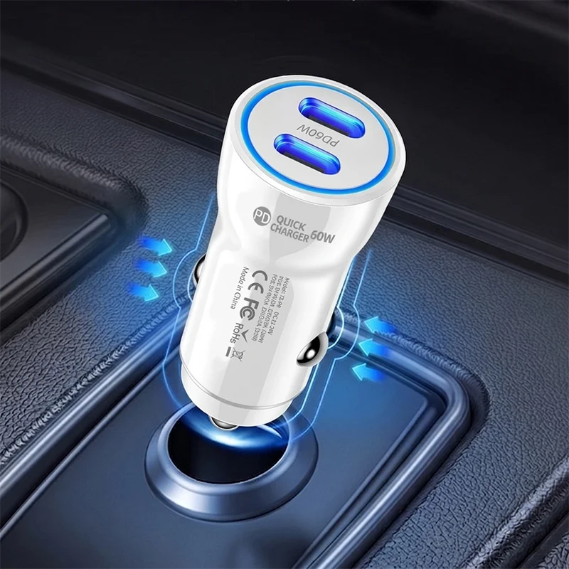 60W Dual USB C Car Charger PD Fast Charging Adapter For iPhone 17 16 15 For Samsung Tablet Dash Cam Stable Power Plug