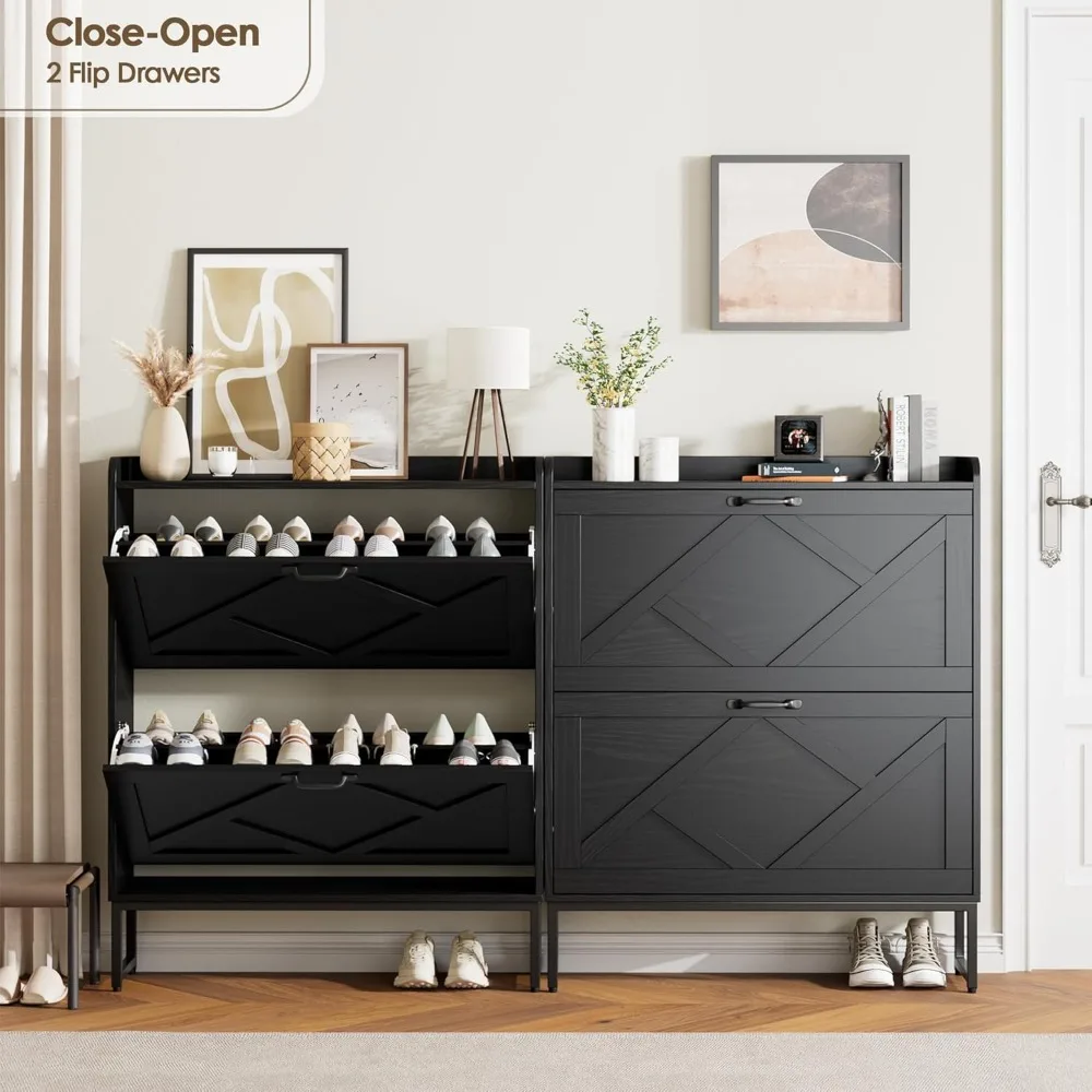 Organizador de zapatos independiente con 2 cajones, patas de metal, gabinete de zapatero estrecho