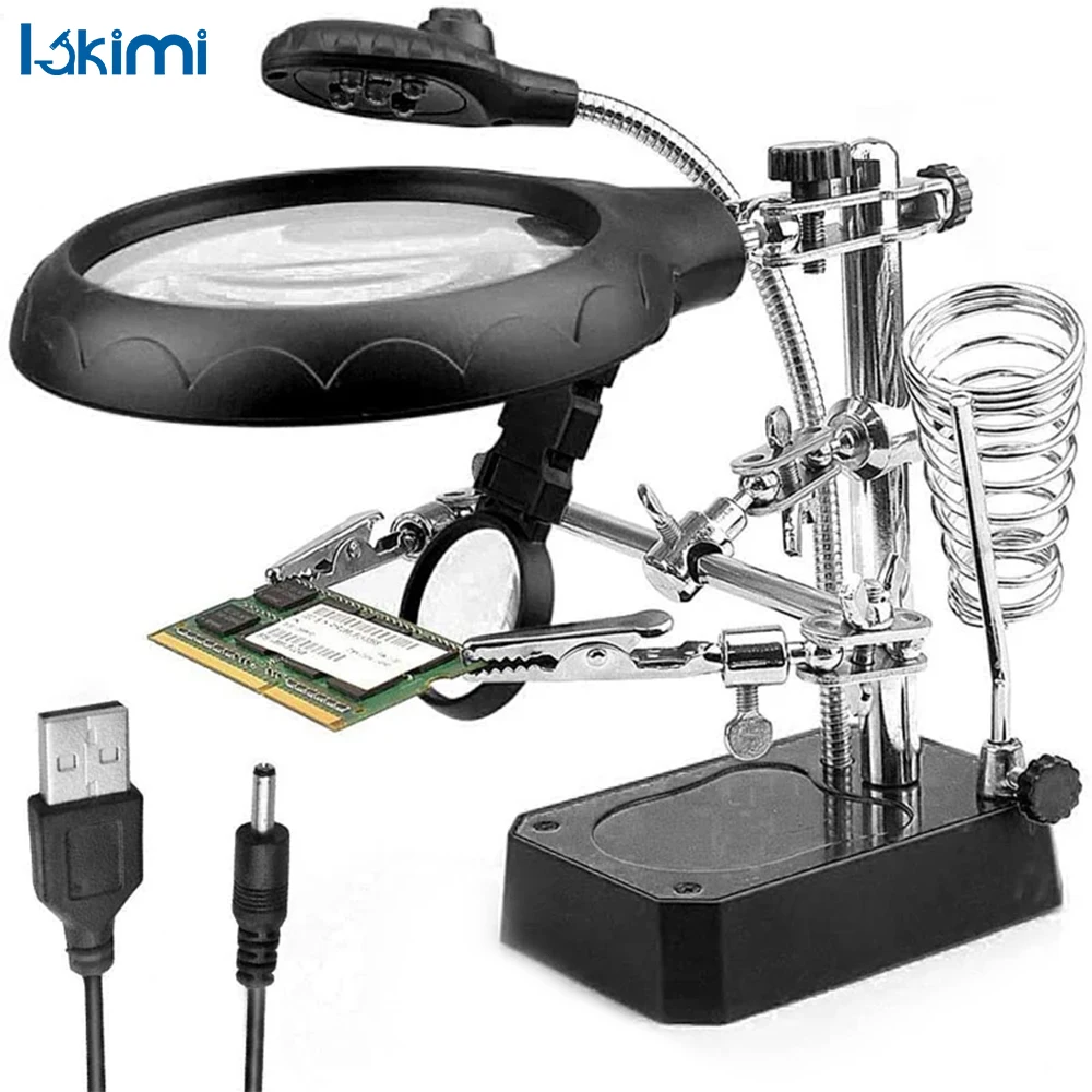 LED 3-in-1 Magnifying Glass with Loupe Magnifier, Auxiliary Clip, and Soldering Iron Holder Station for Welding LK-AA82