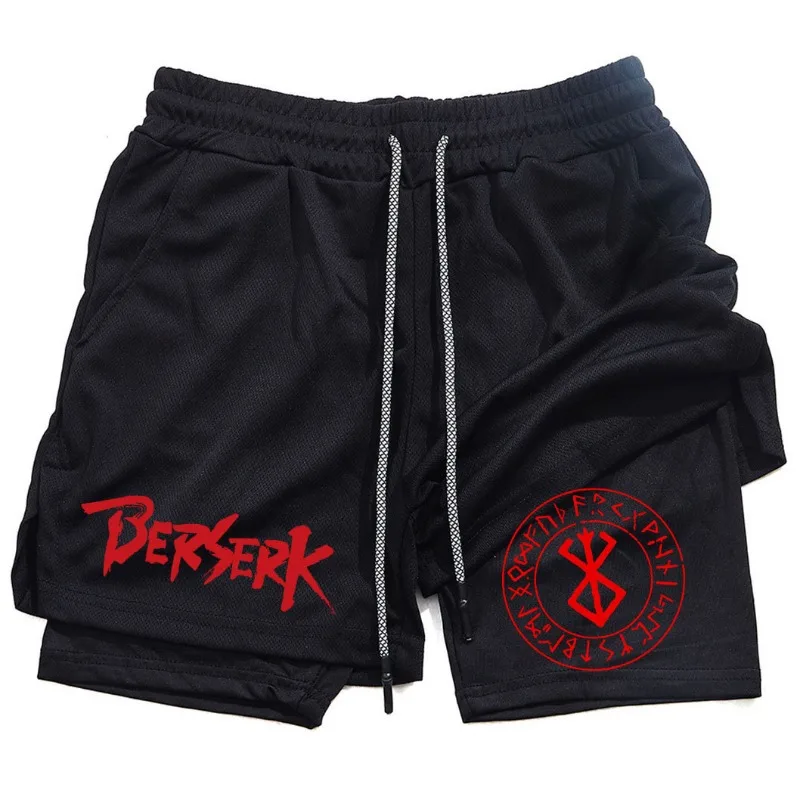

Japanese Comics Berserk Print Men's Running Tight Shorts New Fitness Double Layer Five Point Pants 2-in-1 Summer Sport Workout