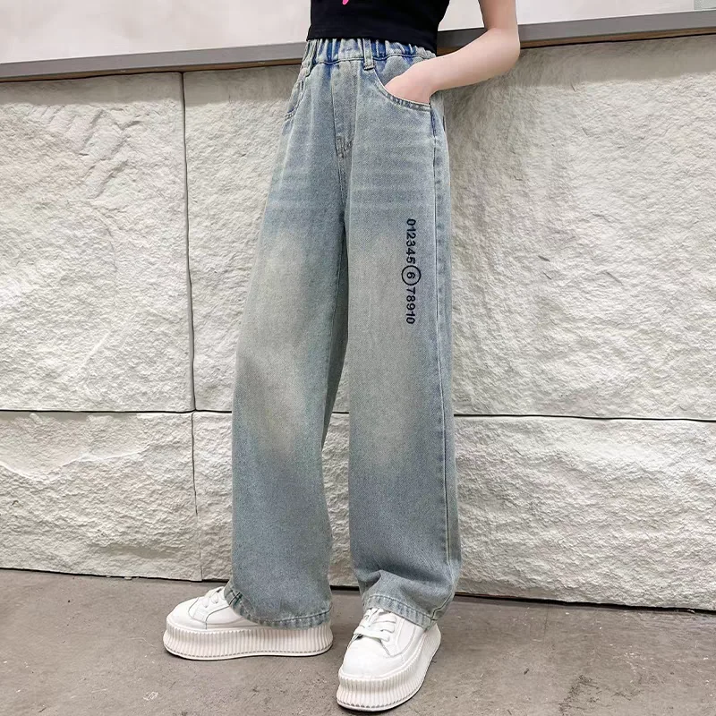 

2025 Spring New Design High-Waist Tween Girls Wide-Leg Jeans Casual Comfortable Designer Style Kids Casual Pants