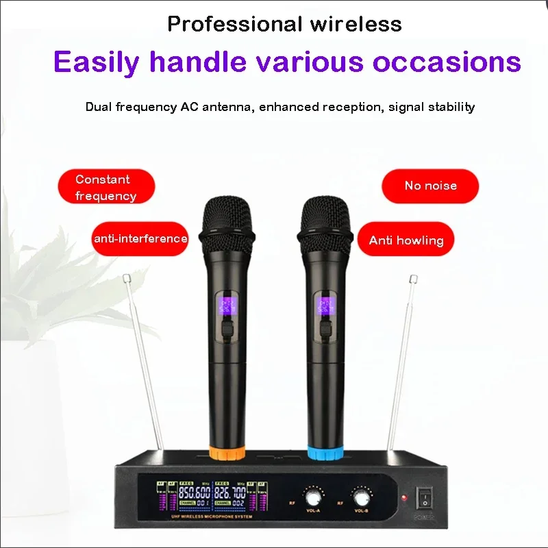 VHF Fixed Frequency Karaoke Microphone Dual Channels Wireless Microphone System Handheld Dynamic Mic for Party Band Church Show