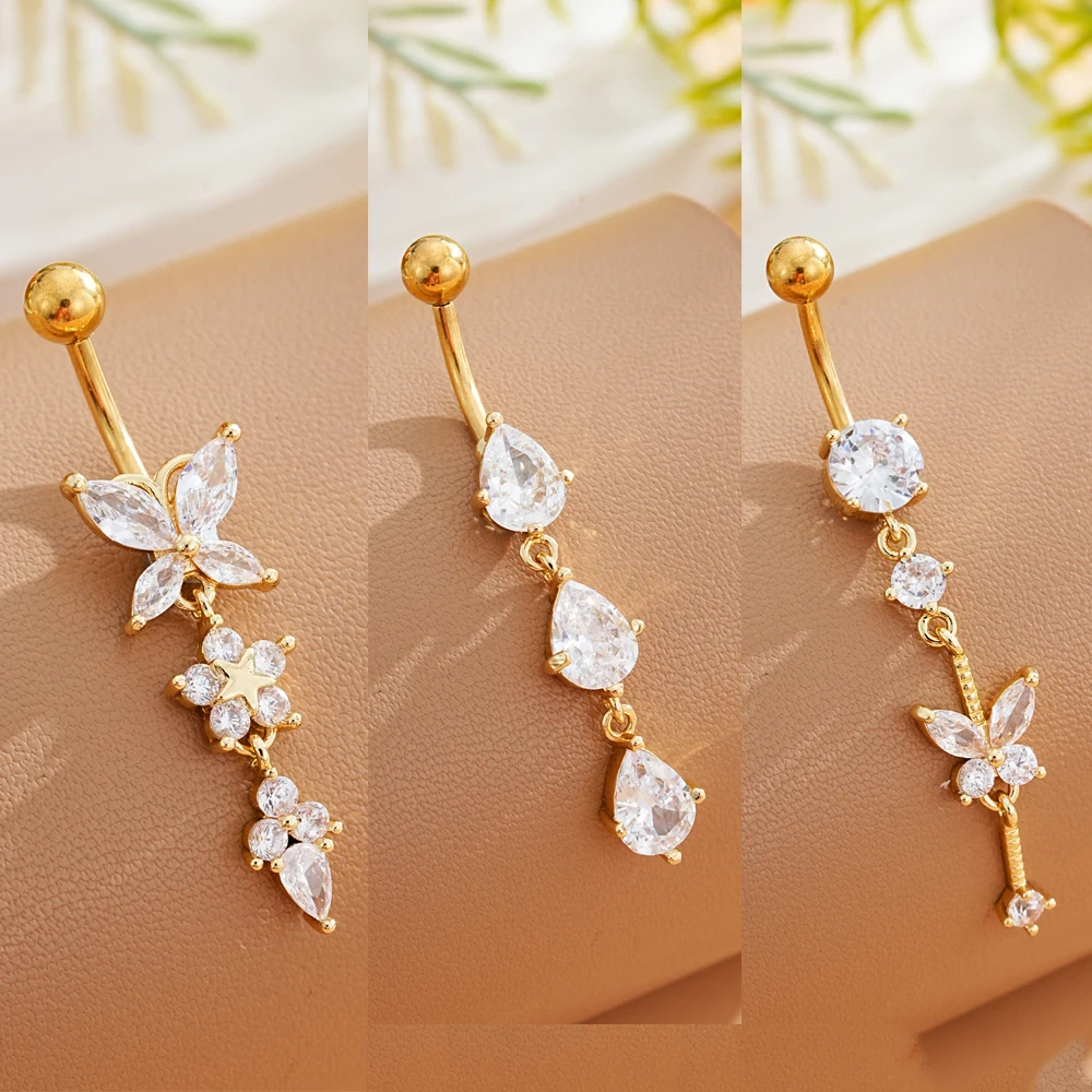 Gold Color Dangled Belly Button Ring Buttefly Flower Heart Wing-Shaped Sexy Belly Piercing Nombril Stainless Steel Navel Jewelry