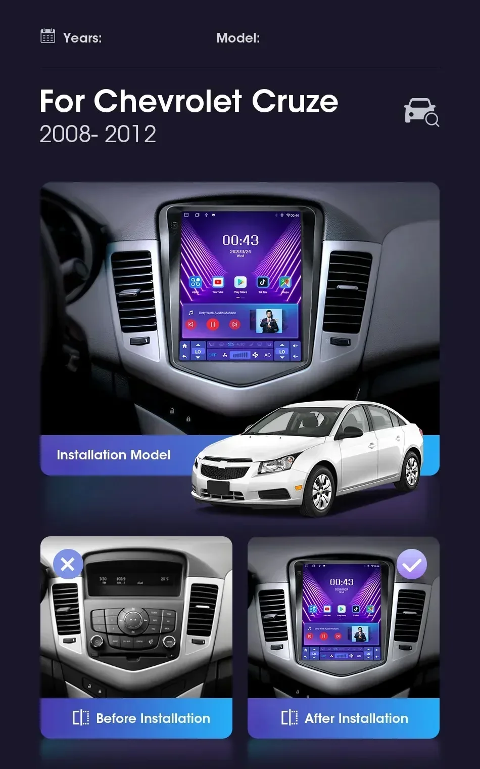 Srnubi Android Autoradio für Chevrolet Cruze J300 2008-2012 Navigation Stereo Multimedia Player Carplay Vertikaler Bildschirm Head Unit – Detail 4