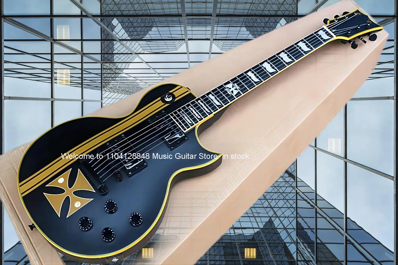 Elegant IRON CROSS SW Old Electric Guitar Yellow Striped Cross,Black Body and Black Hardwares,Special Frets Inlay,can be customi