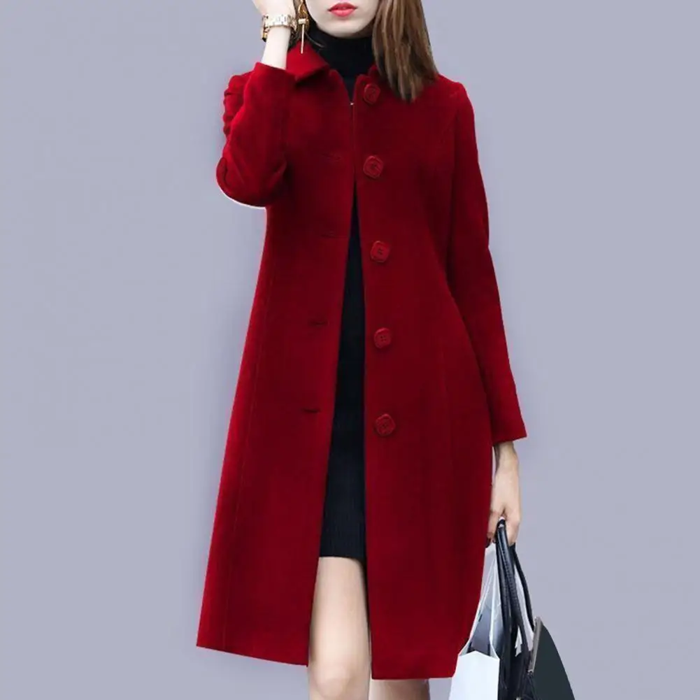 Women Long Coat Stylish Woolen Coat for Women Chic Mid-length Overcoat with Turn-down Collar Warm Cozy Winter for Commuting