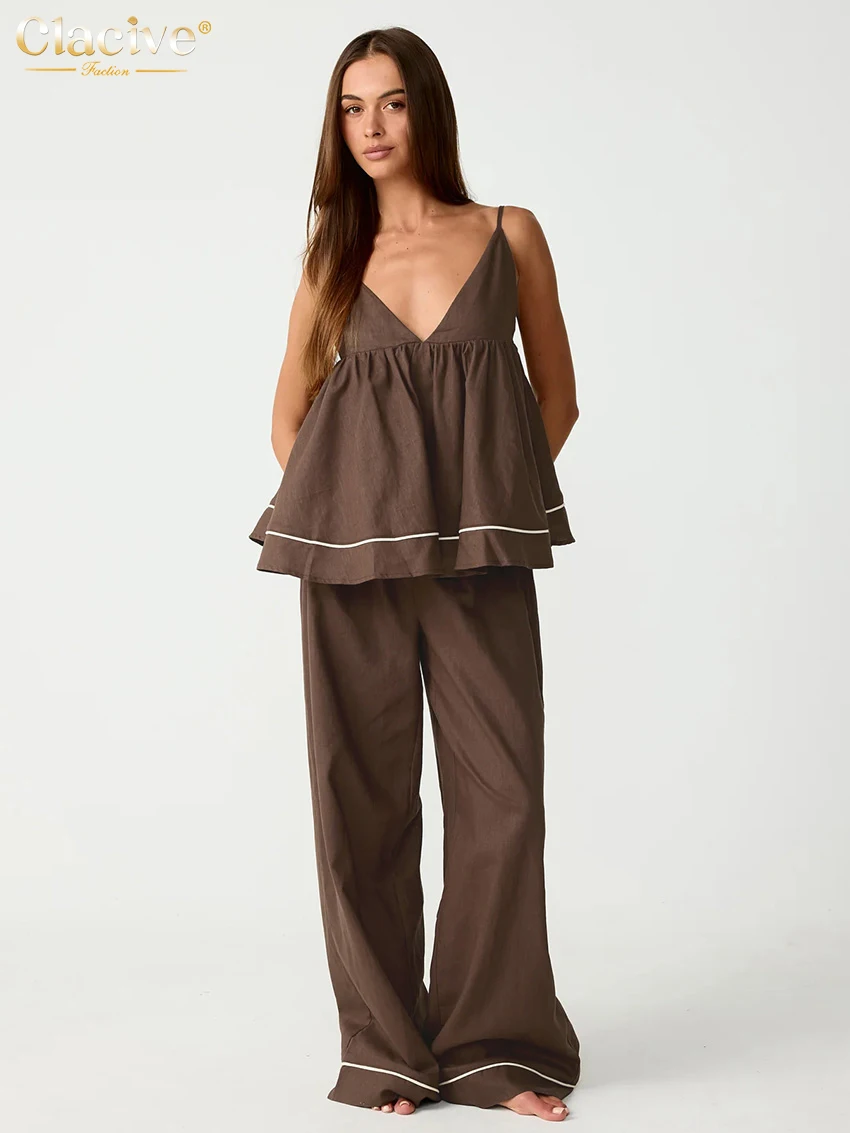 

Clacive Summer Loose Brown Cotton Pants Set 2 Piece Woman Sexy Sleeveless Tank Top With High Waist Wide Trousers Suts Female