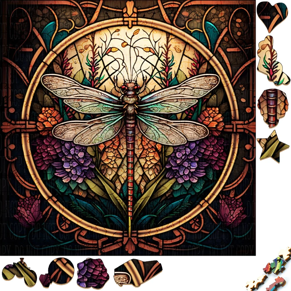 

Beautifully Wooden Puzzles Dragonfly Art Decoration Irregular Shape Puzzle Board Set Decompression Puzzle Toys for Adults Family