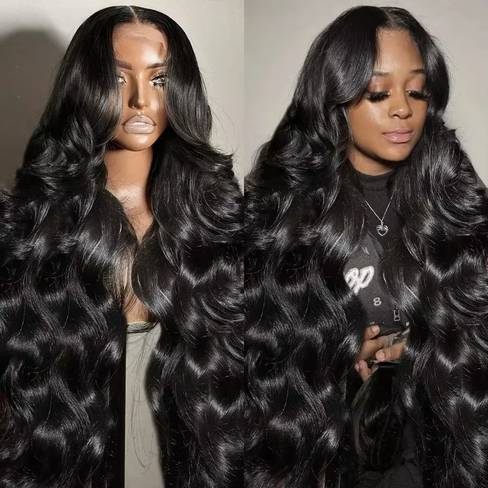 

46 Inches Natural Black Body Wave 13x6 13x4 360 HD Transparent Lace Front Human Hair Wigs For Women 200 Density
