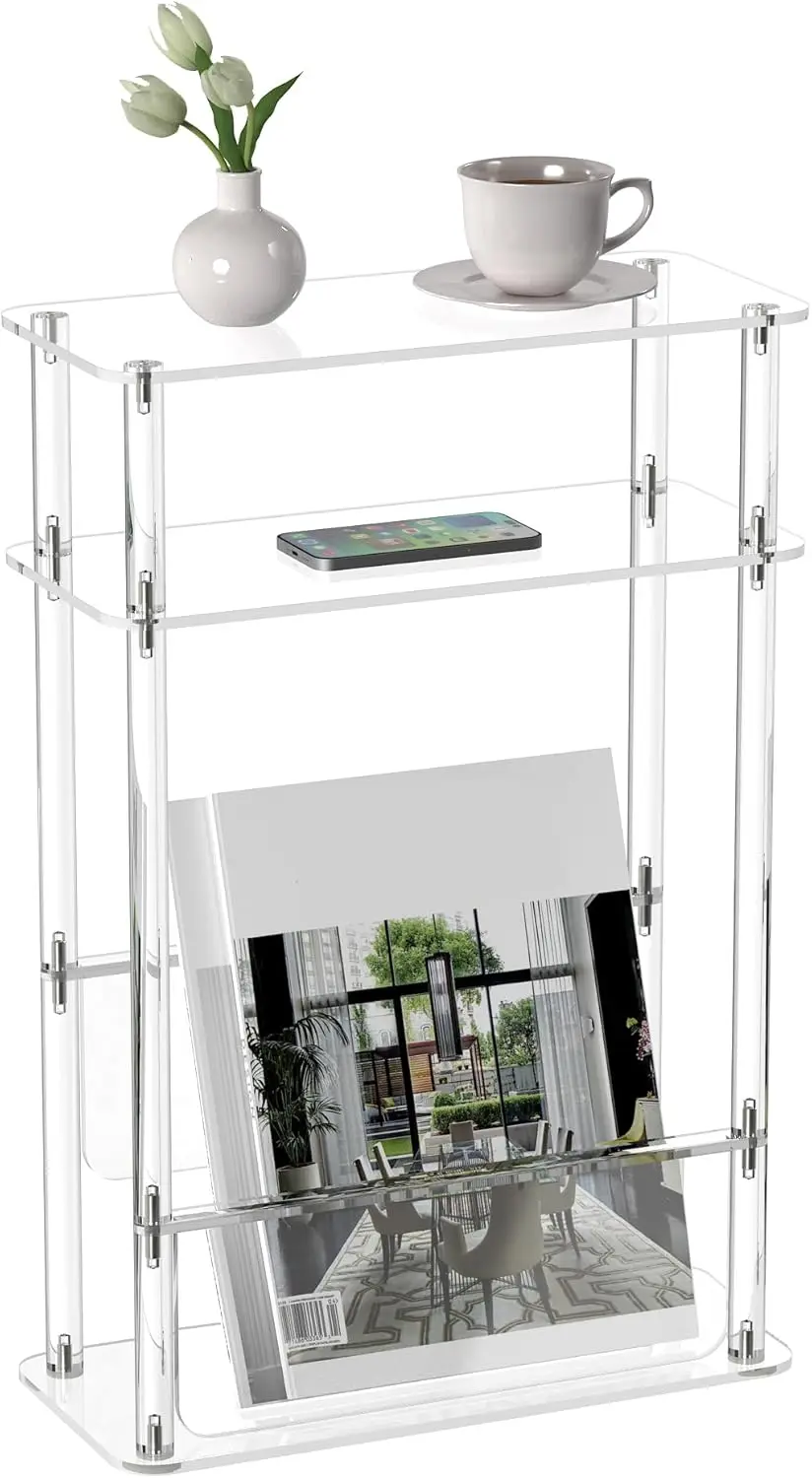 

Acrylic Narrow End Table for Small Spaces with Magazine Holder, Slim Side Small Nightstand/Bedside Table