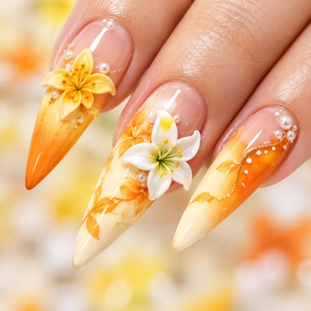 1Pc Hawaii Tropical Floral Lily Nail Art Stickers 5D Embossed Self Adhesive Flower Decals for Acrylic Nails Manicure Beauty