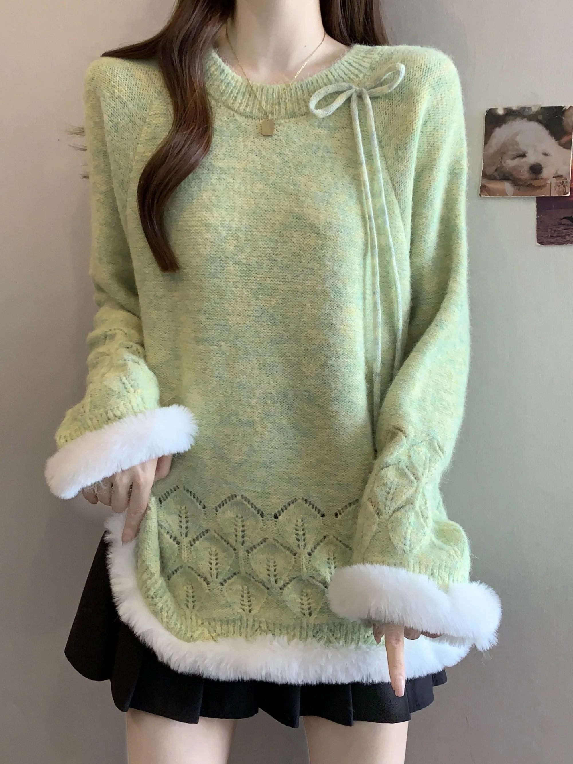 

Зеленый вязаный свитер оверсайз с бахромой и узлами для женщин, осенне-зимний, свободный крой, в стиле lazy, большие размеры, для ношения под одеждой