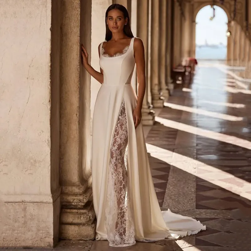 

Boho Ivory A-Line Wedding Dress Lace Square Collar Spaghetti Straps Backless Gown Court Train Illusion High Side Slit Customized