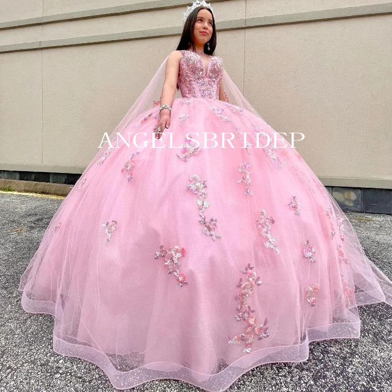 فساتين الأميرة Quinceanera مع رأس ، فستان مطرز بالترتر الوردي اللامع ، 15 أميرة ، من Angelsbridep