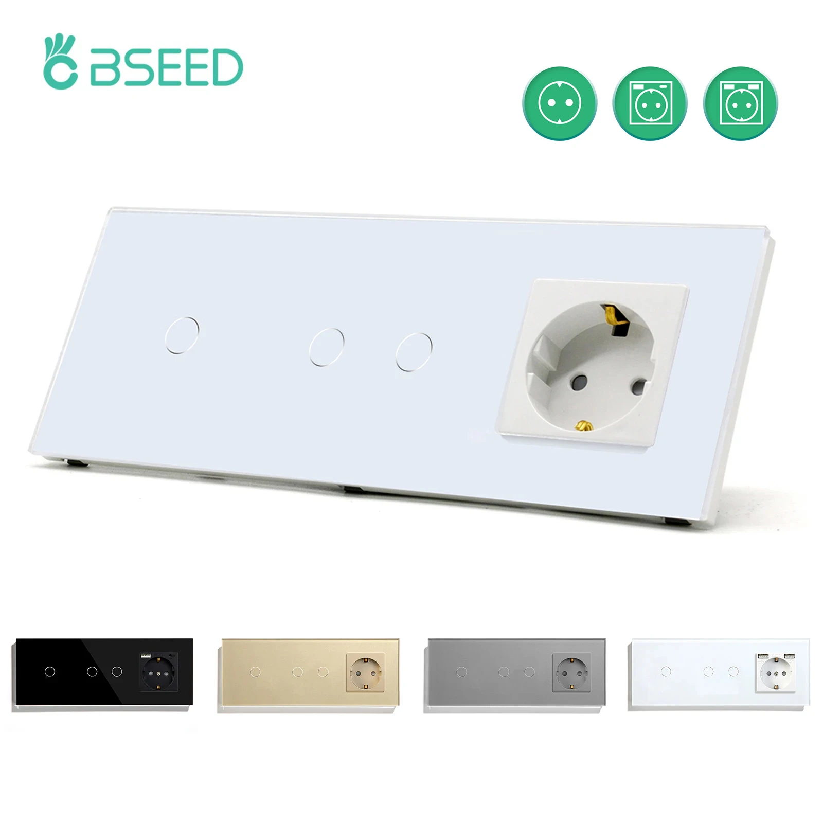 BSEED EU Standard 1/2Gang 1Way Wall Sensor Touch Switch With EU USB Wall Socket Phone Charge Type-c Glass Panel Led Light Switch