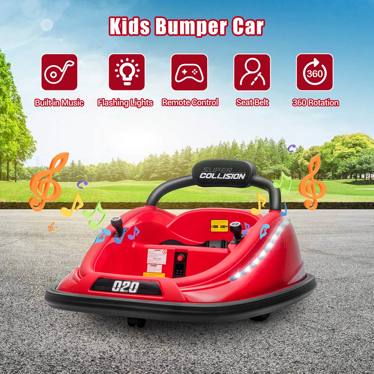 Kids Bumper Car Toy 12V Electric Ride on Waltzer Cars with Remote Control, 360 Degree Spin, Flashing Led Lights, Built-in Music