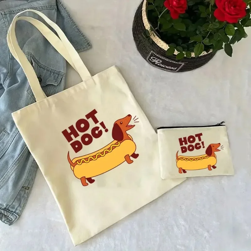 2 Pieces Cute Fun Dachshund Handbag Fashion Canvas Shoulder Ladies Fashion Eco Large Capacity Shopping Bag Cosmetic Bags