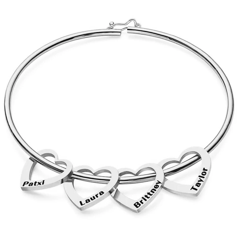 New Personalized Women Heart Bracelet Carved Names Heart-shaped Charm Bangle Custom Stainless Steel Jewelry Valentine\'s Day Gift