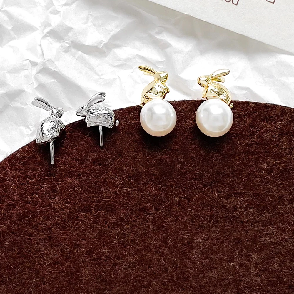 2 Pairs Brass Coated Gold Cute Rabbit Earrings Can Be Inserted with Pearls DIY Makes Fashionable Jewelry Ear Accessory Materials