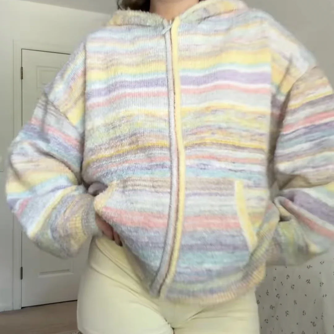Chic Women Rainbow Stripe Hooded Knit Cardigan Zip Front Drop Shoulder Side Pocket Loose Jacket Multicolor Textured Casual Daily