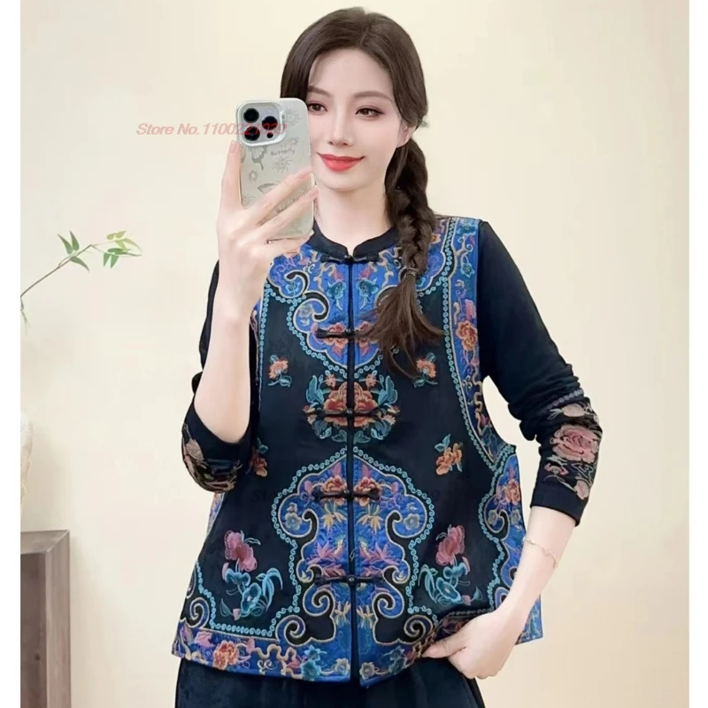 

2025 chinese vintage satin jacquard vest traditional flower embroidery stand collar vest hanfu tops vintage sleeveless jacket