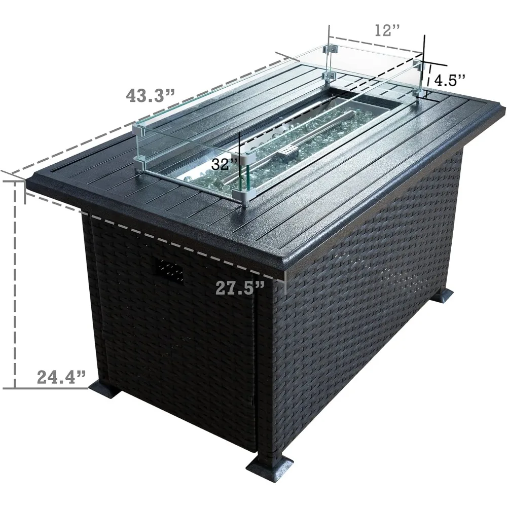 Propane Gas Fire Pit Table with Aluminum Tabletop and Glass Wind Guard, Clear Glass Rocks, and Slide Out Tank Holder, Fire Table