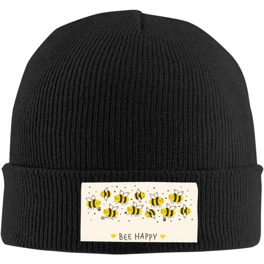 Black Knitted Beanie with Cute Bee Happy Patch Winter Warm Hat for Men Women Funny Insect Print Skull Cap