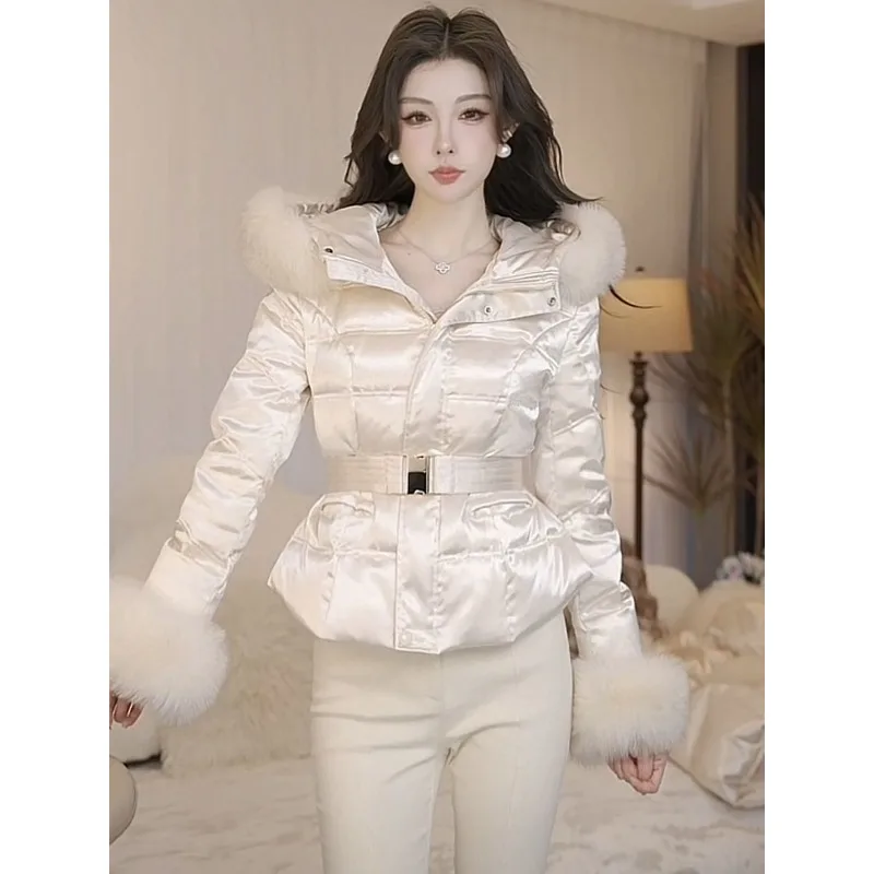 Moda versatile design giù vestiti di cotone stile invernale da donna temperamento celebrità grande collo di pelliccia vita e cappotto lungo sottile