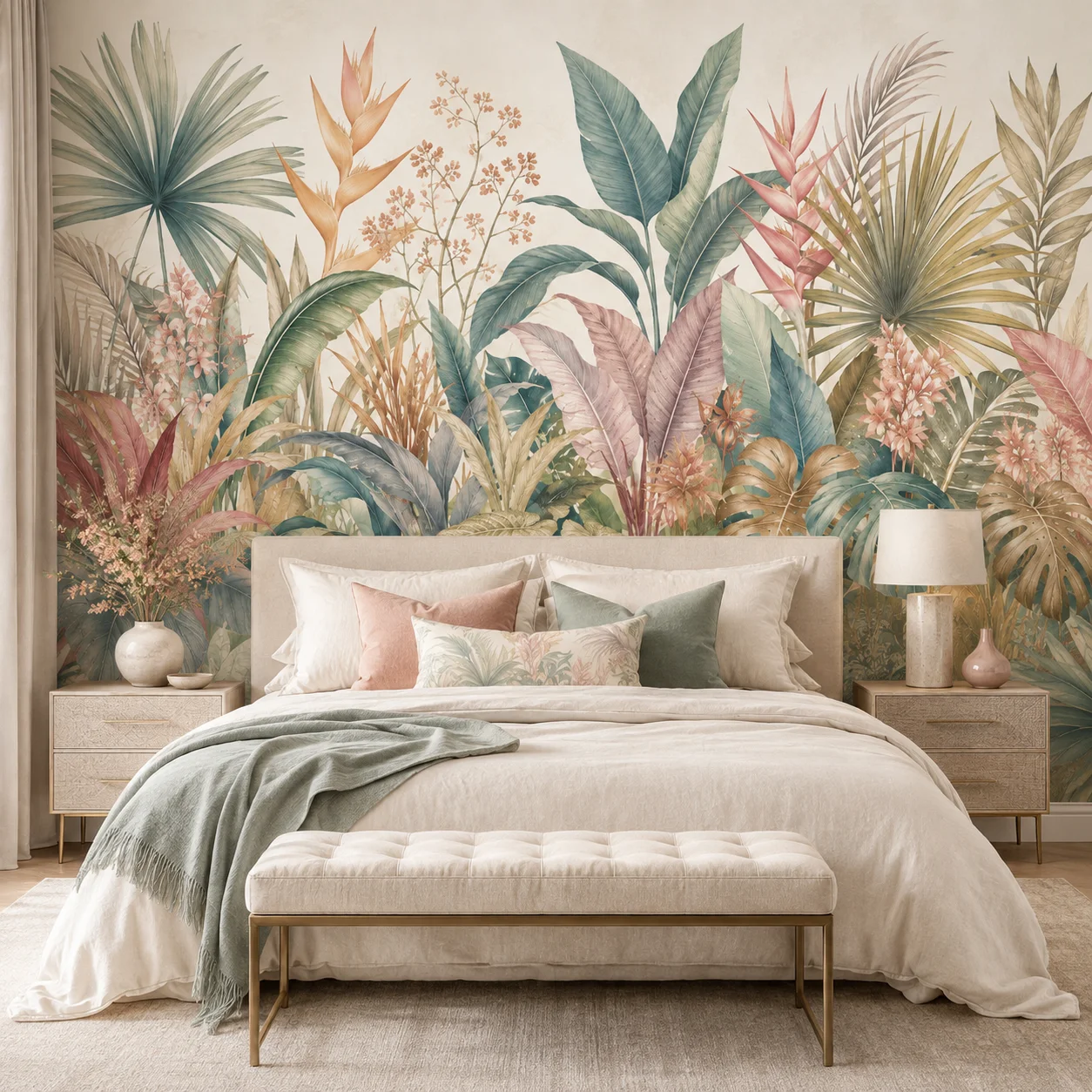 Tropical Botanical Self Adhesive Wallpaper Pastel Palm Leaves Floral Wall Mural Peel and Stick Bedroom Living Room Decor