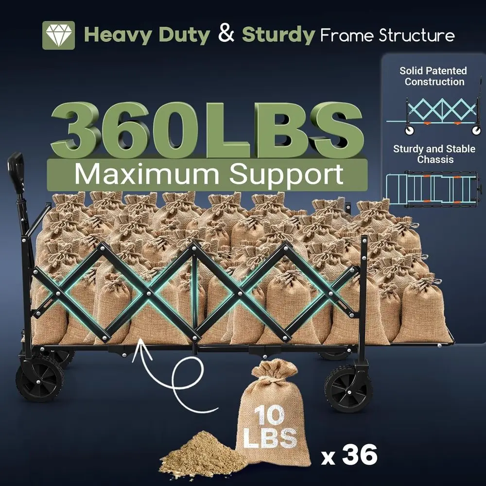 43 عربة أدوات قابلة للطي شديدة التحمل، سعة 360 رطل، عربة قابلة للطي للاستخدام الخارجي للتسوق والبستنة والتخييم - أسود #6