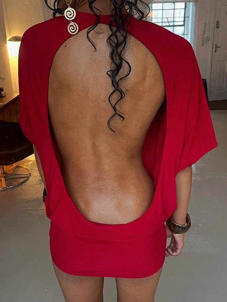 Weird Puss Sexy Backless Mini Dress Women Y2K Solid Trend Style O-Neck Half Sleeve Spicy Girls Street Fashion Skinny Outfits