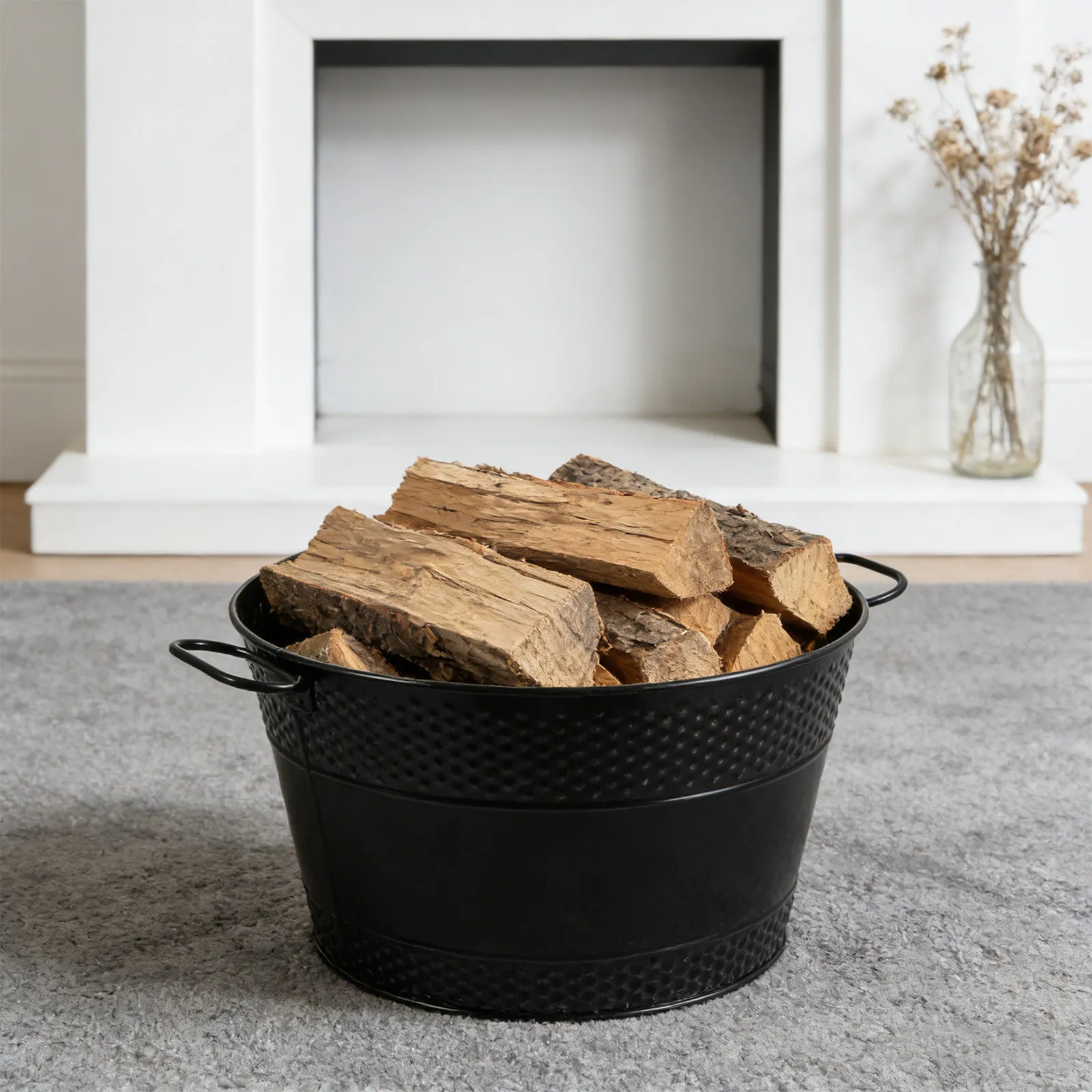 Metal Black Firewood Bin 13 Inch Retro Handle Charcoal Storage Coal Storage Bucket Fireplace Wood Holder Indoor Stove