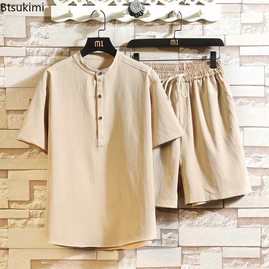 Men's Chinese Style 2 Pieces Outfit Summer Solid Color Short Sleeve Top Matching Shorts Casual Loose Oriental Streetwear Suits