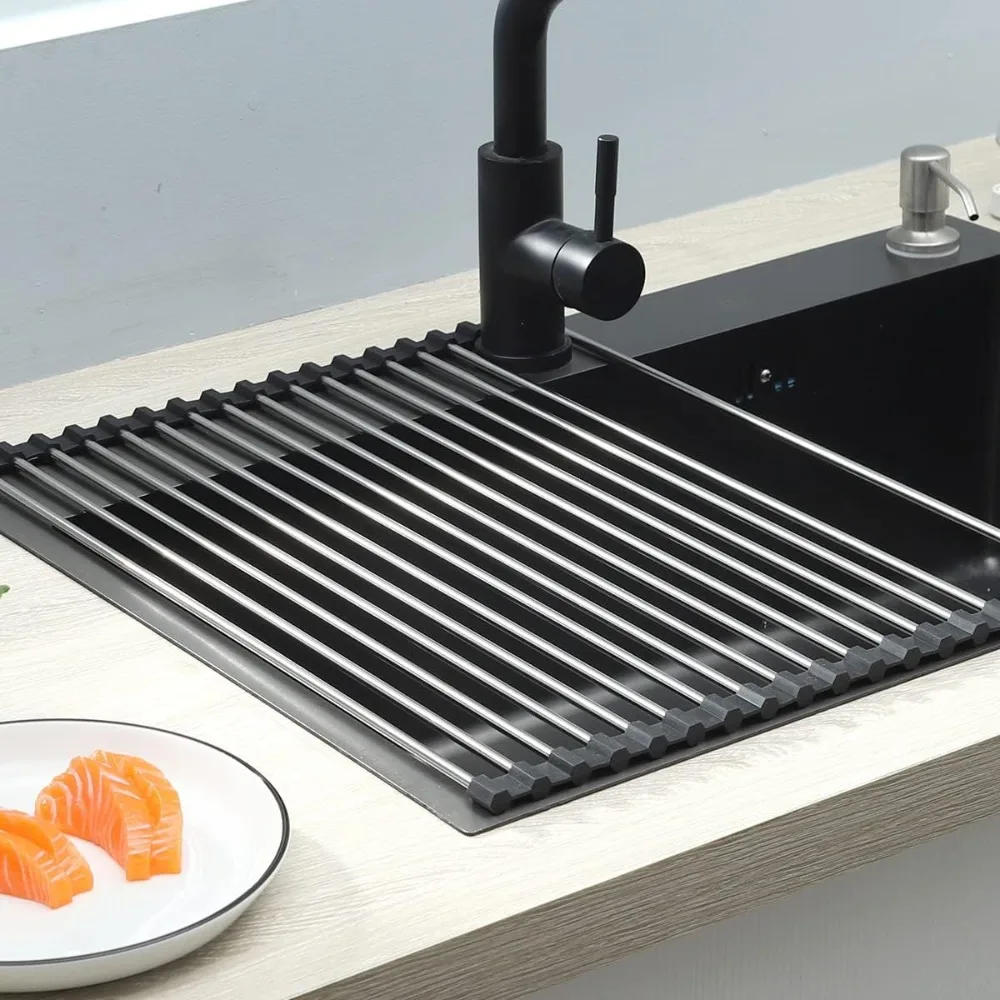 

Dish Drainer Sink Mat (18 Tube 37 * 35cm) Stainless Steel Rolling Rack for Sink Extra Large Roll Up Dish Drying Shelf