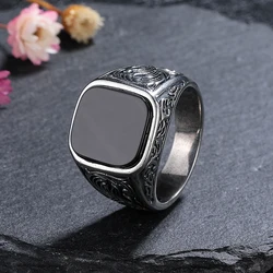 925 Sterling Silver Jewelry Ring Natural 12*14mm Big Black Agate Stone Vintage Ring For Women Party Gifts