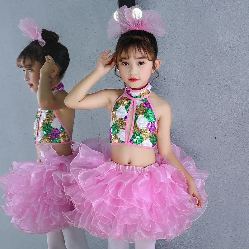 3PCS Girls Modern Jazz Ballet Latin Dance Costume Outfit Kid Sleeveless Shiny Sequins Crop Top with Tassel Skirted Set Dancewear