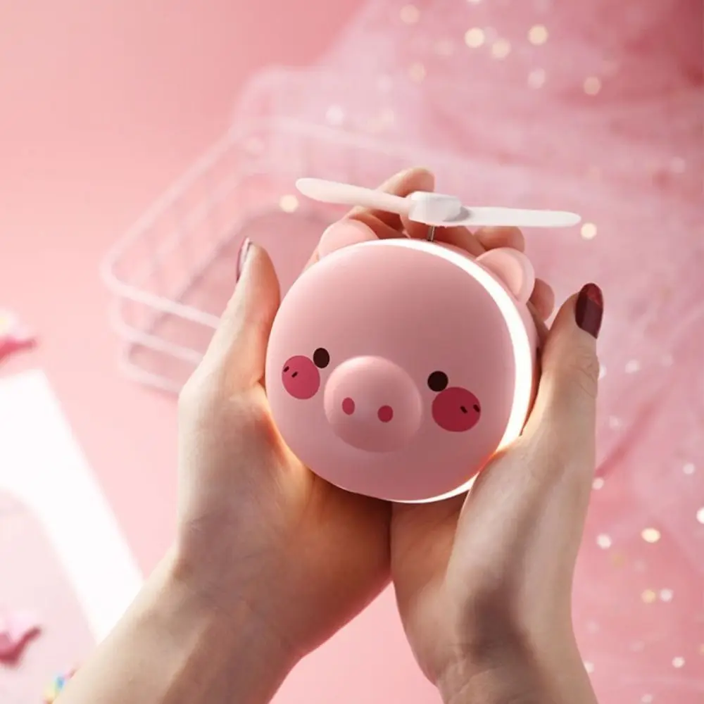 Espelho de maquiagem dos desenhos animados com ventilador, Vanity Mirror, Cute Creative Pink Piggy, LED redondo, USB recarregável, espelho cosmético ao ar livre