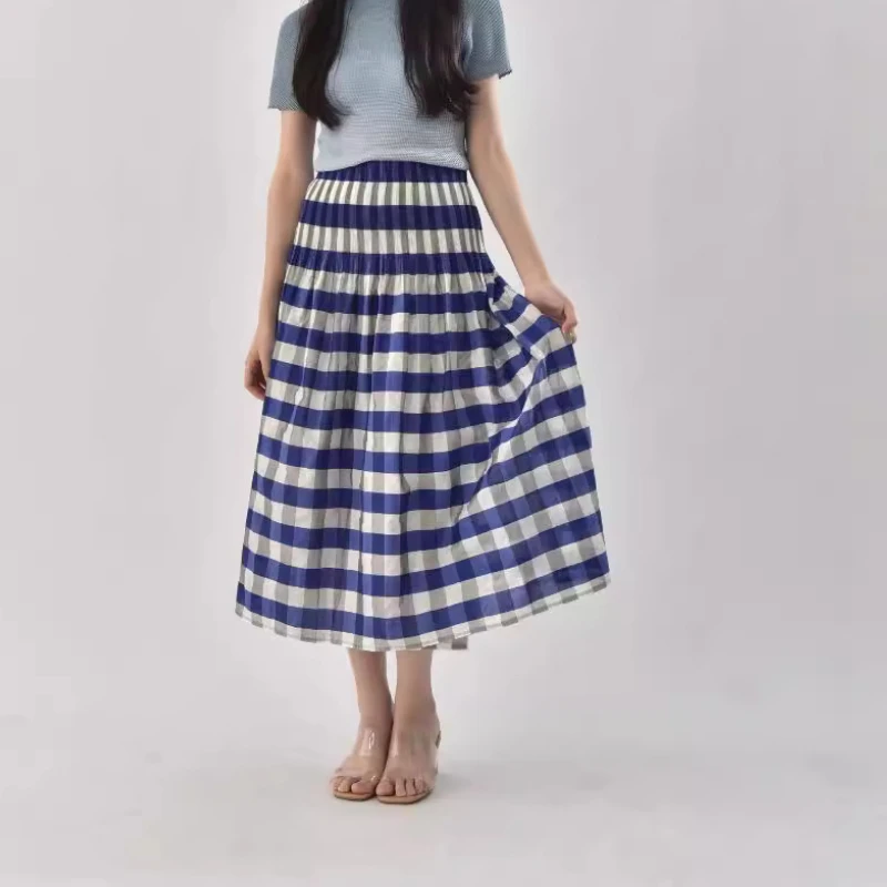 Roman Holiday Pure Cotton Plaid Pleated Circle Skirt for Women Elastic High Waist Mid-length Check Skirt