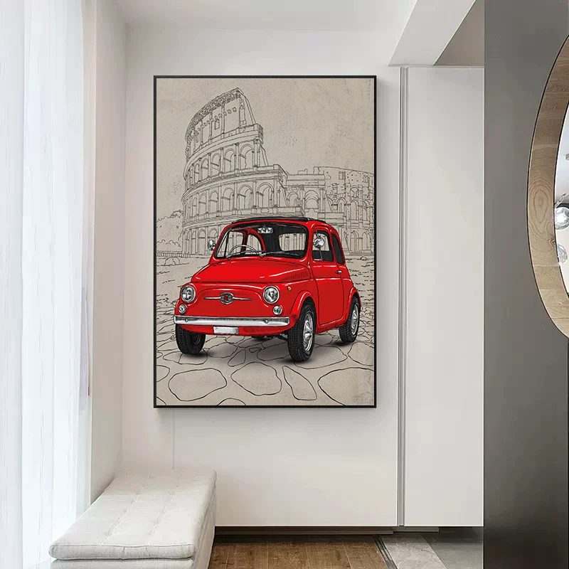 Peinture sur toile Fiat 500, affiche rouge et bleue, style italien, bâtiment célèbre, image d'art mural pour salon moderne, déco