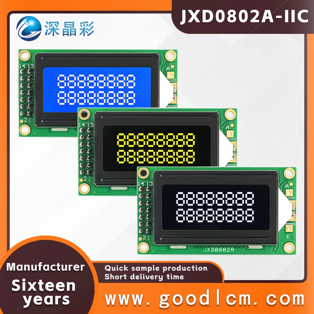 

IIC/I2C interface Available in multiple colors LCD screen JXD0802A 8*2 character small sized display screen Backlight module