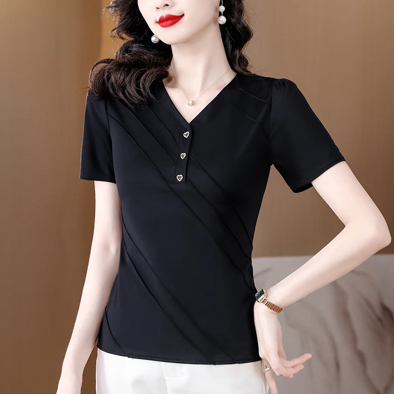 

2023 Summer New Black Silk Solid Short Sleeve Top Women's Waist V-Neck Shirt Korean Edition Covering Belly Western T-shirt