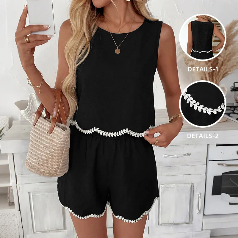 

Women's Solid Color Round Neck Sleeveless Lace Trim Top Elastic Waist Shorts Elegant Trendy Commute Casual Two Piece Outfit Set