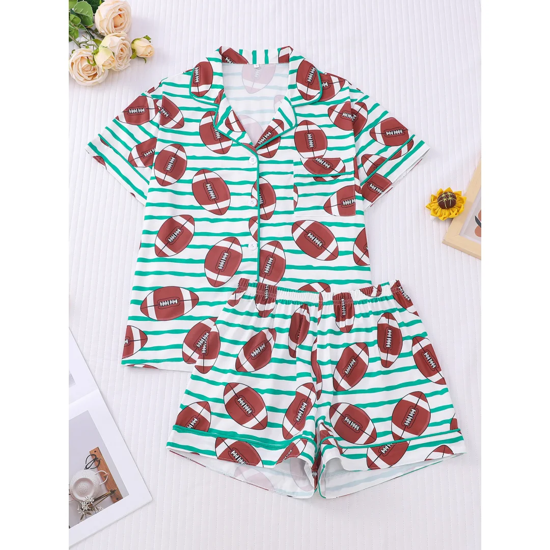 

Football Rugby Stripes Print Pajamas Lapel Short Sleeve Shorts Pants Loungewear Home Wear Set Valentine's Day Gifts for Women