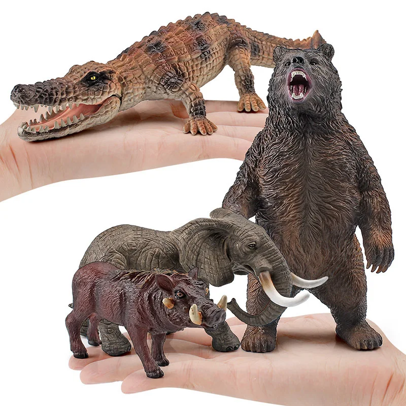 Mini Wild Animal Models Crocodile Tiger Brown Bear Kangaroo Elephant Hippo Buffalo Boar African Hyena Desktop Decoration Craft