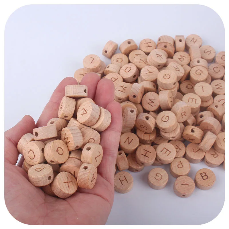 50pcs Flat Round Wooden Alphabet Beads Natural Wood Letter Beads For DIY Baby Teething Necklace Bracelet Pacifier Clip Chain